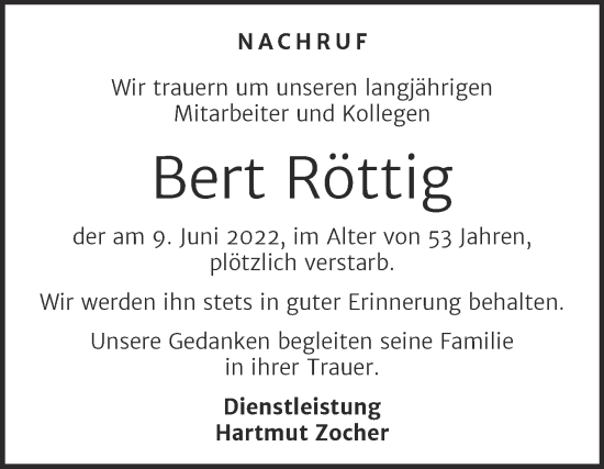 Traueranzeige von Bert Röttig von Mitteldeutsche Zeitung Weißenfels
