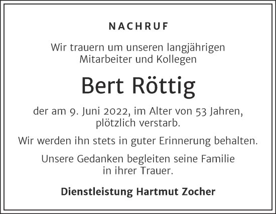 Traueranzeige von Bert Röttig von Wochenspiegel Weißenfels