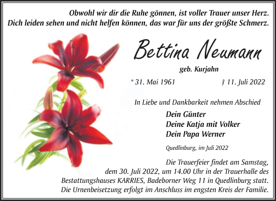 Traueranzeige von Bettina Neumann von Trauerkombi Quedlinburg