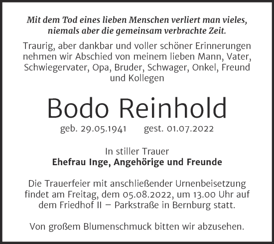 Traueranzeige von Bodo Reinhold von Trauerkombi Bernburg