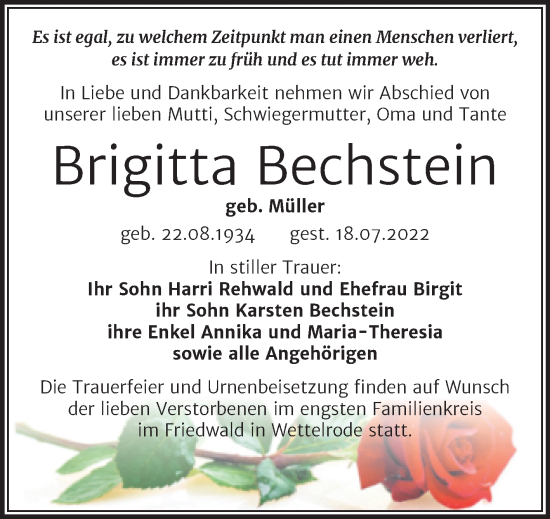Traueranzeige von Brigitta Bechstein von Trauerkombi Mansfelder Land