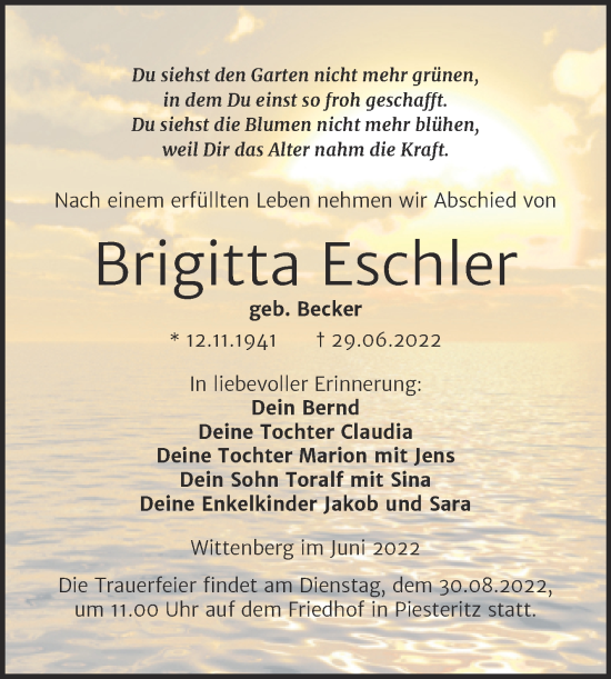 Traueranzeige von Brigitta Eschler von Trauerkombi Wittenberg