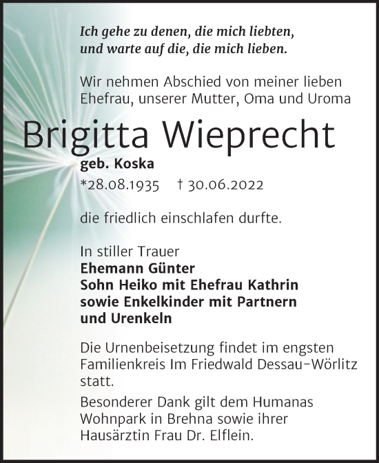 Traueranzeige von Brigitta Wieprecht von Trauerkombi Bitterfeld