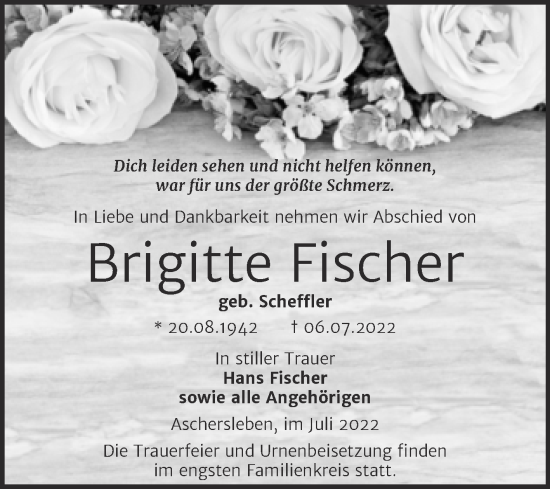 Traueranzeige von Brigitte Fischer von Trauerkombi Aschersleben