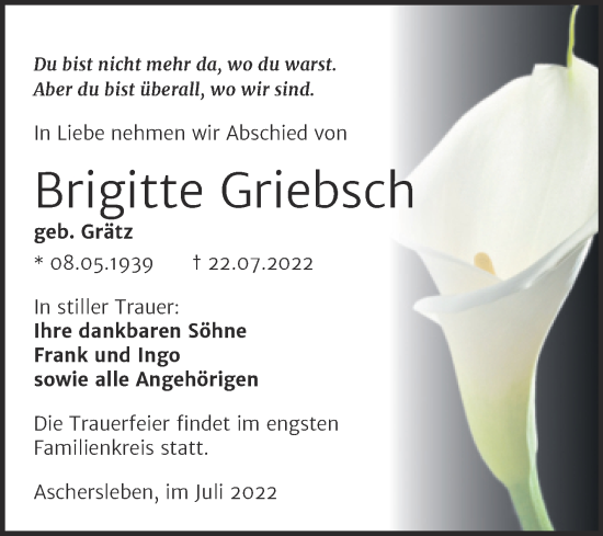 Traueranzeige von Brigitte Griebsch von Trauerkombi Aschersleben
