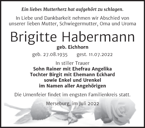 Traueranzeige von Brigitte Habermann von Trauerkombi Merseburg