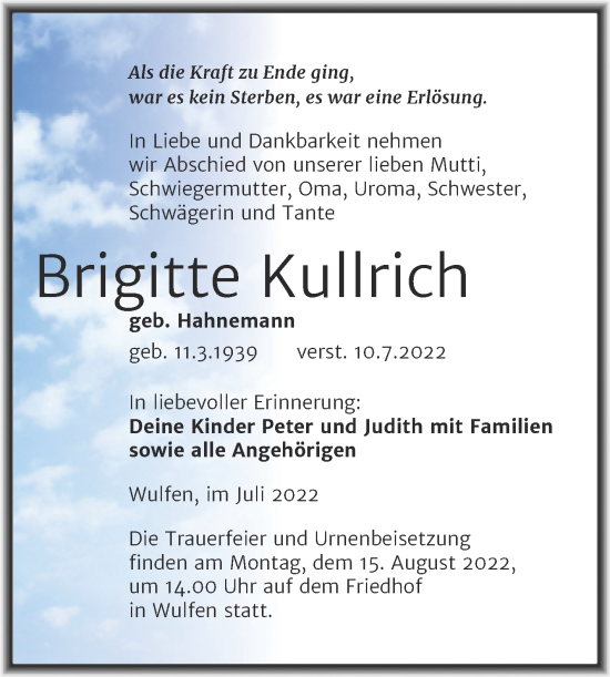 Traueranzeige von Brigitte Kullrich von Trauerkombi Köthen