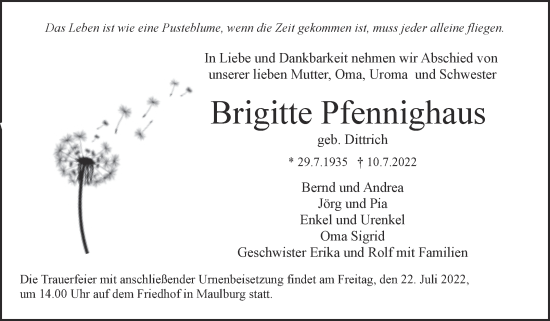 Traueranzeige von Brigitte Pfennighaus von Mitteldeutsche Zeitung Merseburg/Querfurt