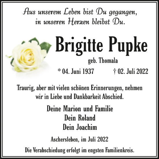 Traueranzeige von Brigitte Pupke von Trauerkombi Aschersleben