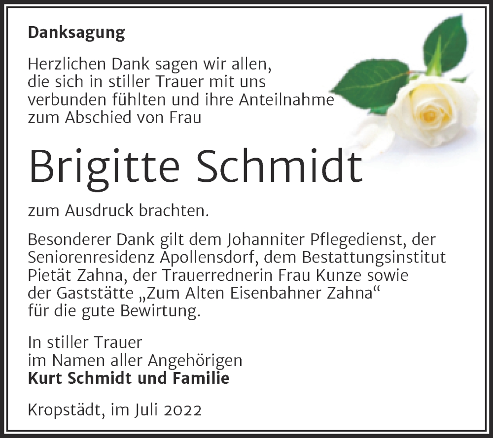  Traueranzeige für Brigitte Schmidt vom 30.07.2022 aus Trauerkombi Wittenberg