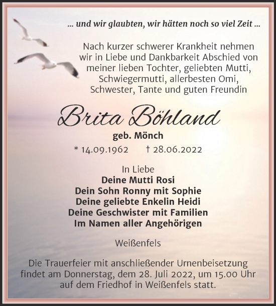 Traueranzeige von Brita Böhland von Trauerkombi Weißenfels
