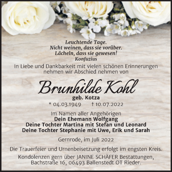 Traueranzeige von Brunhilde Kohl von Trauerkombi Quedlinburg