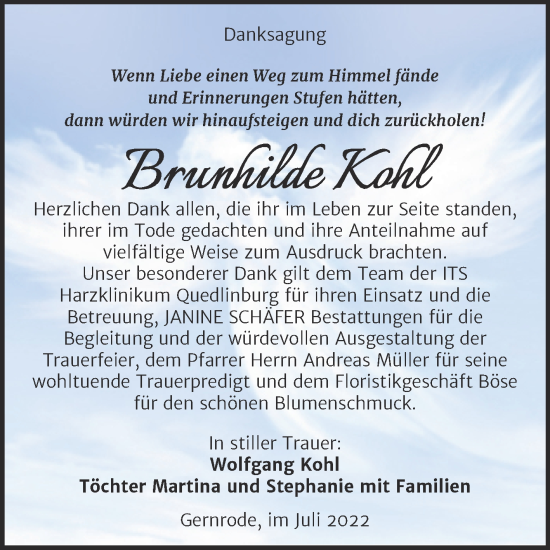 Traueranzeige von Brunhilde Kohl von Trauerkombi Quedlinburg