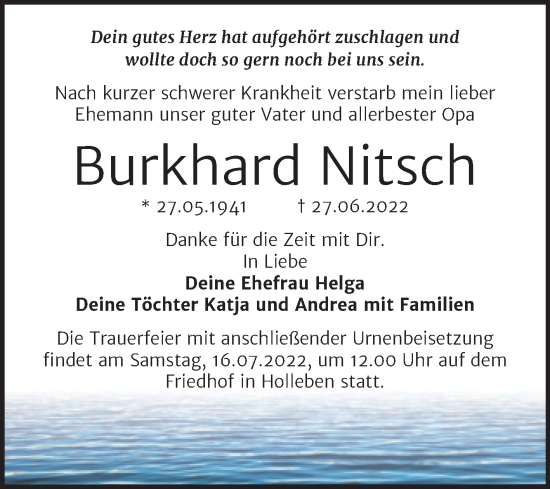 Traueranzeige von Burkhard Nitsch von Mitteldeutsche Zeitung Halle/Saalkreis