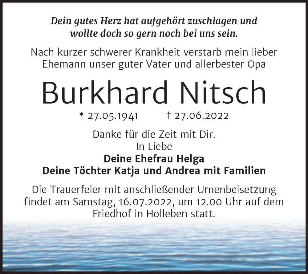  Traueranzeige für Burkhard Nitsch vom 02.07.2022 aus Mitteldeutsche Zeitung Halle/Saalkreis