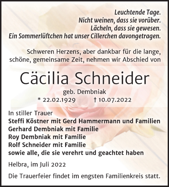 Traueranzeige von Cäcilia Schneider von Trauerkombi Mansfelder Land
