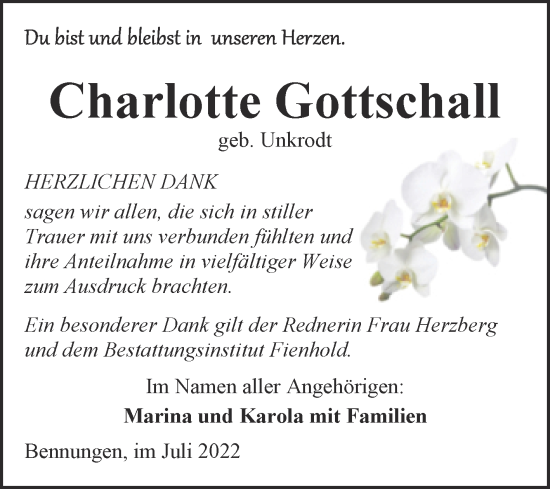 Traueranzeige von Charlotte Gottschall von Trauerkombi Sangerhausen