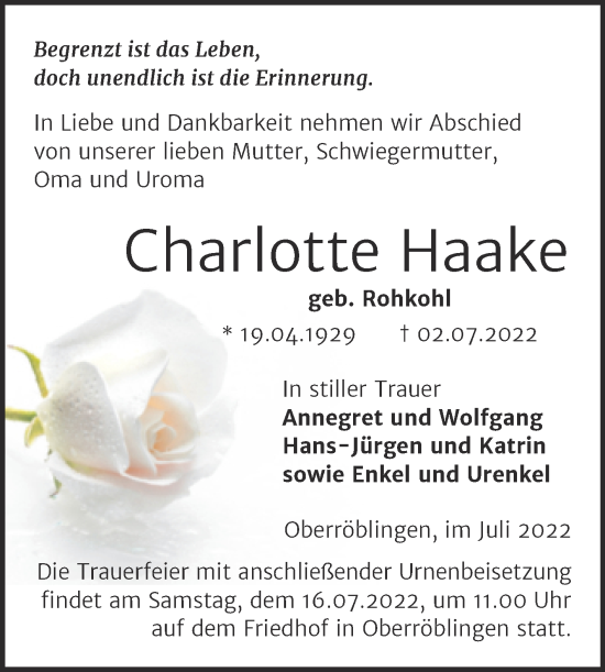 Traueranzeige von Charlotte Haake von Trauerkombi Sangerhausen