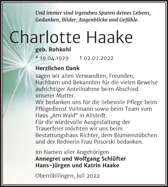 Traueranzeige von Charlotte Haake von Trauerkombi Sangerhausen