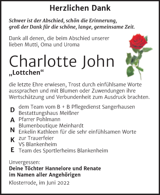Traueranzeige von Charlotte John von Trauerkombi Sangerhausen