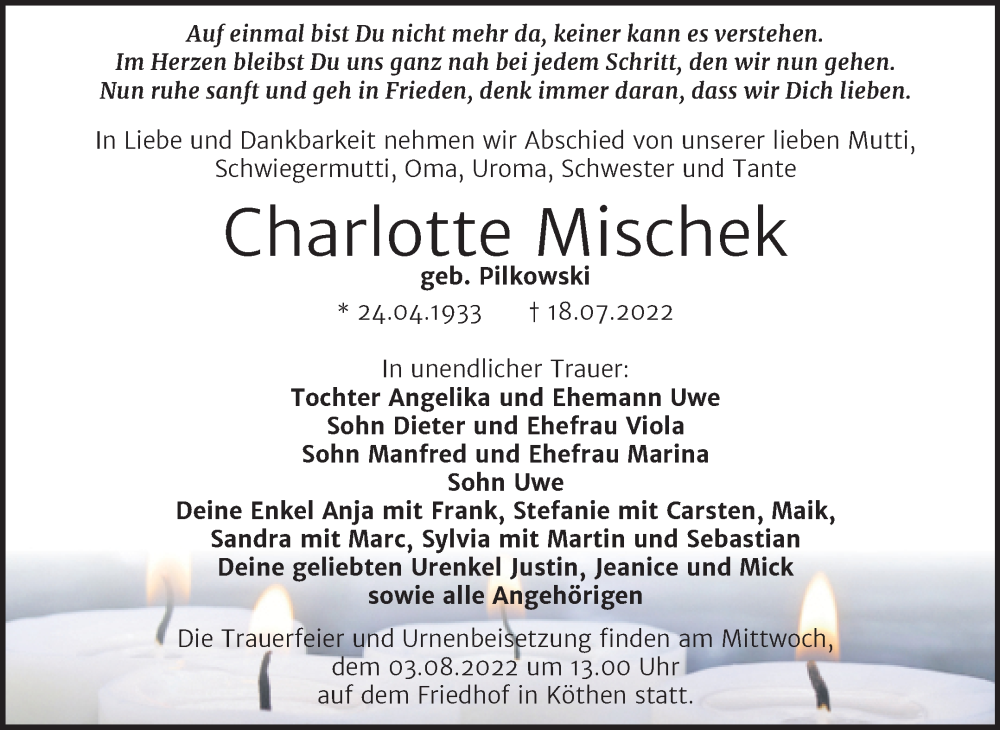  Traueranzeige für Charlotte Mischek vom 23.07.2022 aus Trauerkombi Köthen