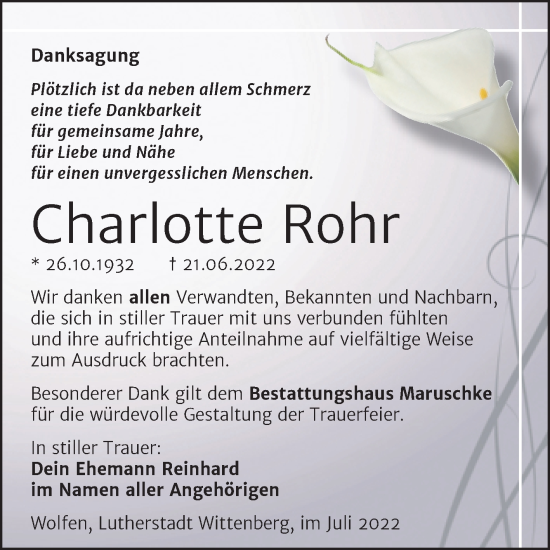 Traueranzeige von Charlotte Rohr von Mitteldeutsche Zeitung