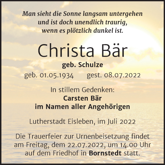 Traueranzeige von Christa Bär von Trauerkombi Mansfelder Land