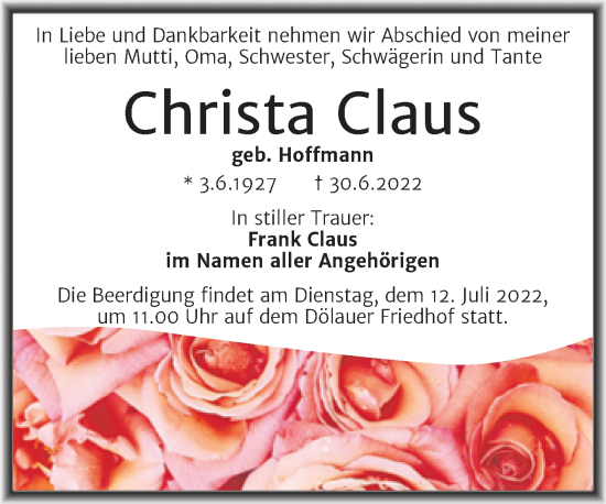 Traueranzeige von Christa Claus von Mitteldeutsche Zeitung Halle/Saalkreis