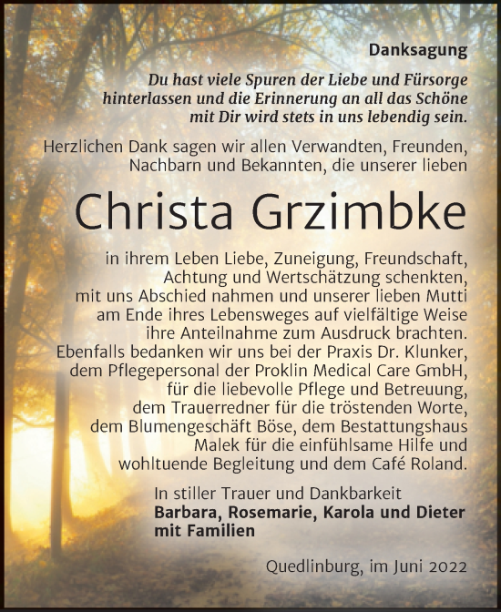 Traueranzeige von Christa Grzimbke von Trauerkombi Quedlinburg