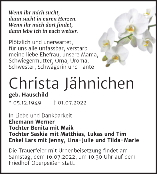 Traueranzeige von Christa Jähnichen von Trauerkombi Bernburg
