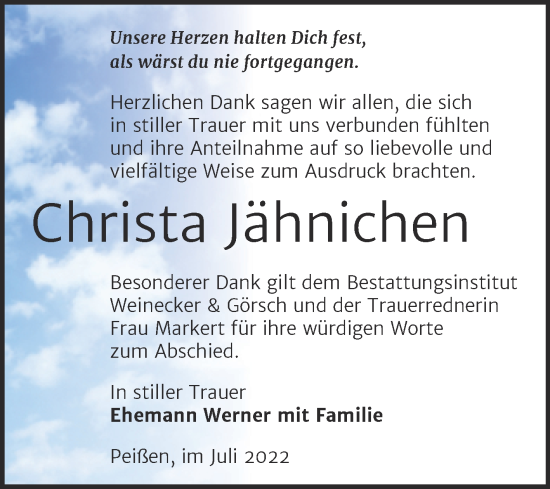 Traueranzeige von Christa Jähnichen von Trauerkombi Bernburg