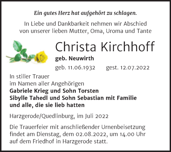 Traueranzeige von Christa Kirchhoff von Super Sonntag Quedlingburg