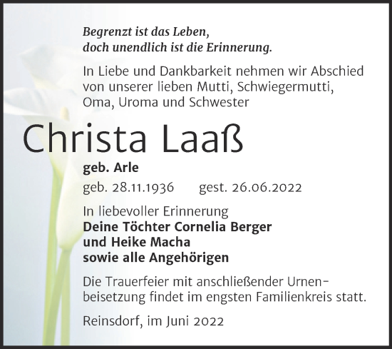 Traueranzeige von Christa Laaß von Trauerkombi Wittenberg