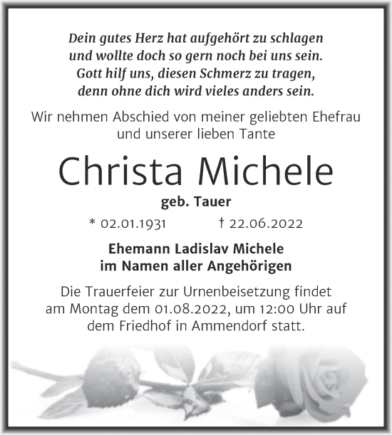 Traueranzeige von Christa Michele von Mitteldeutsche Zeitung Halle/Saalkreis