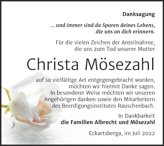 Traueranzeige von Christa Mösezahl von Wochenspiegel Naumburg/Nebra