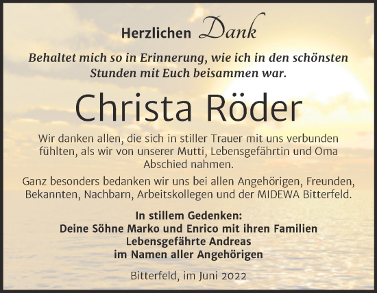 Traueranzeige von Christa Röder von Trauerkombi Bitterfeld