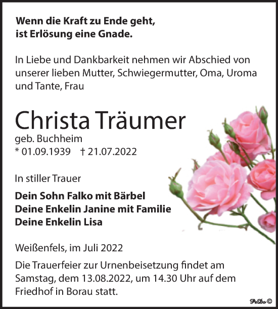 Traueranzeige von Christa Träumer von Trauerkombi Weißenfels