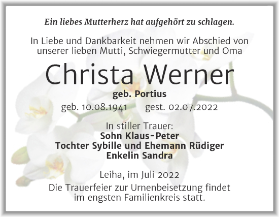 Traueranzeige von Christa Werner von Trauerkombi Merseburg