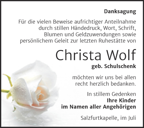 Traueranzeige von Christa Wolf von Trauerkombi Bitterfeld