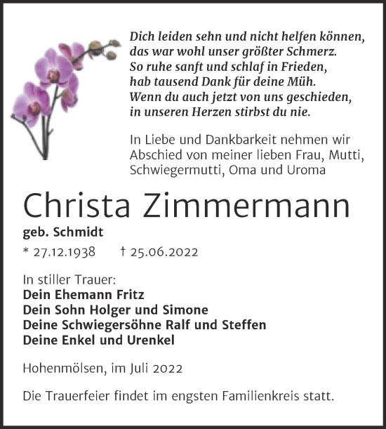 Traueranzeige von Christa Zimmermann von Trauerkombi Weißenfels