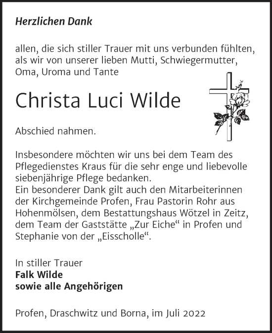 Traueranzeige von Christa Luci Wilde von Trauerkombi Zeitz