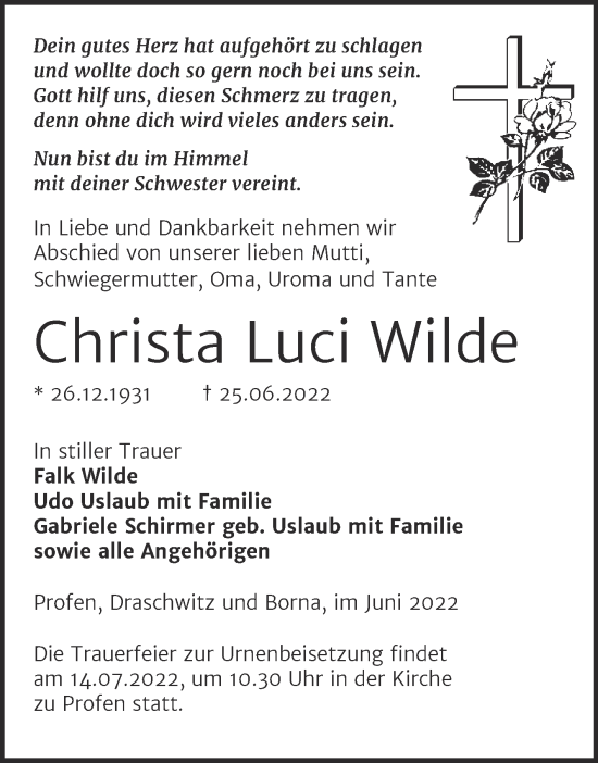 Traueranzeige von Christa Luci Wilde von Trauerkombi Zeitz