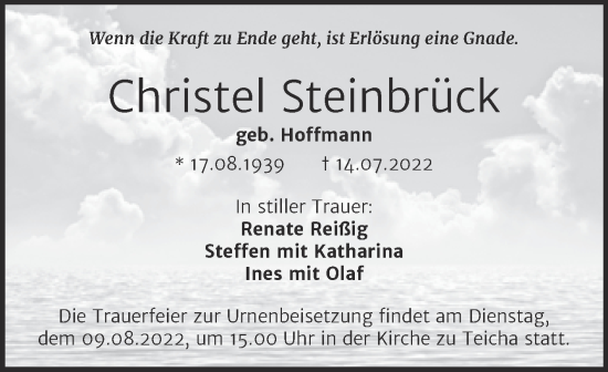 Traueranzeige von Christel Steinbrück von Mitteldeutsche Zeitung Merseburg/Querfurt