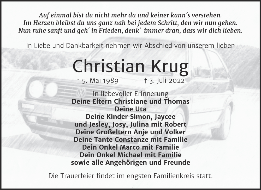  Traueranzeige für Christian Krug vom 09.07.2022 aus Naumburger Tageblatt