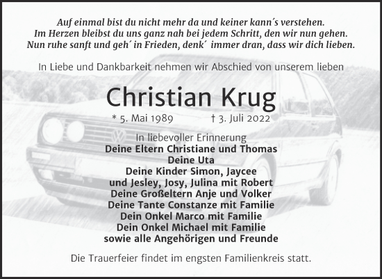 Traueranzeige von Christian Krug von Naumburger Tageblatt