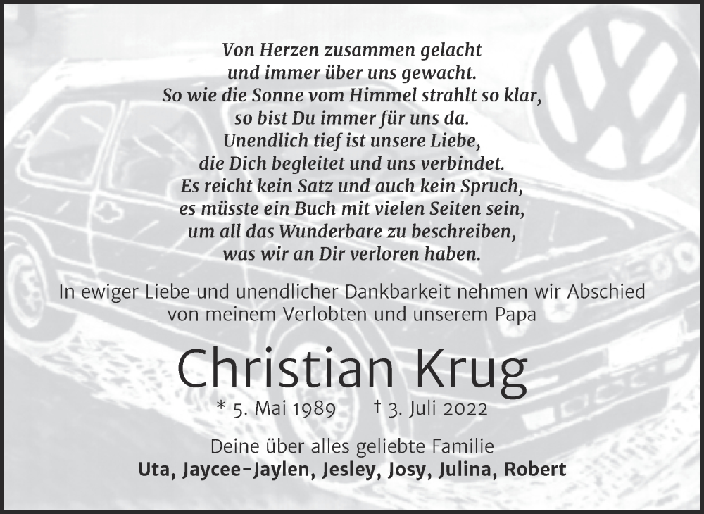 Traueranzeige für Christian Krug vom 20.07.2022 aus Wochenspiegel Naumburg/Nebra