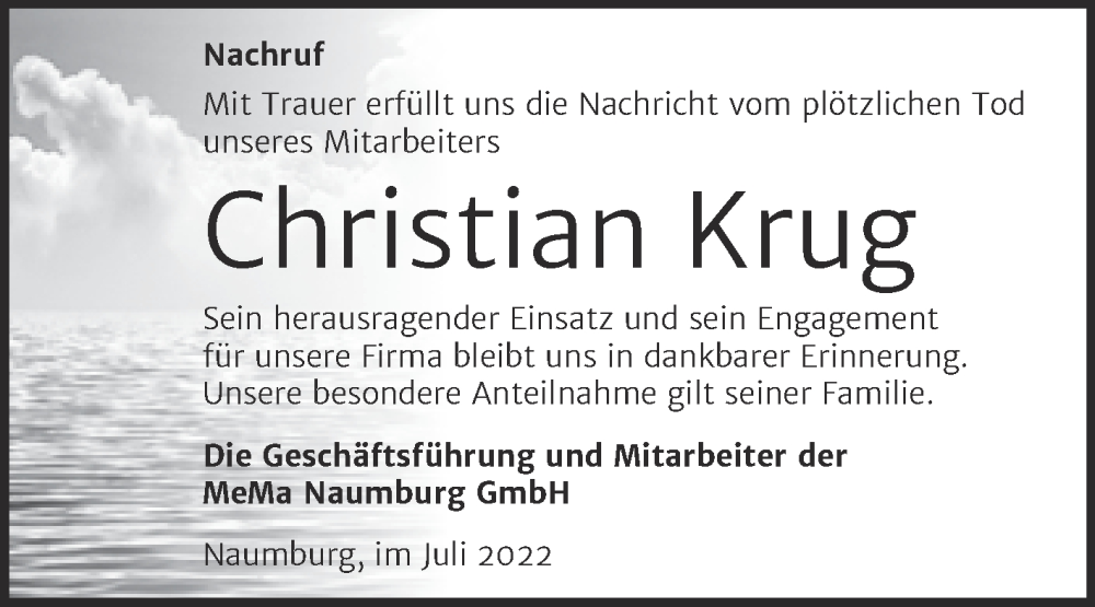  Traueranzeige für Christian Krug vom 15.07.2022 aus Naumburger Tageblatt