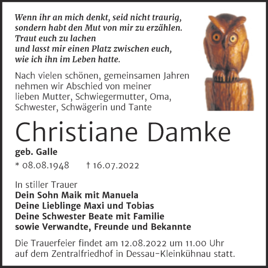 Traueranzeige von Christiane Damke von Trauerkombi Dessau