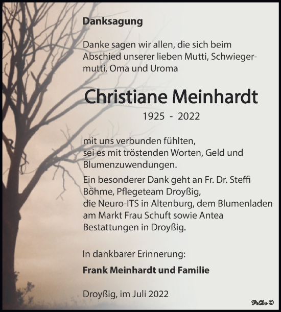 Traueranzeige von Christiane Meinhardt von Trauerkombi Zeitz