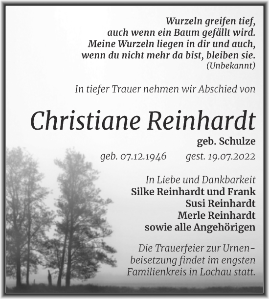 Traueranzeige von Christiane Reinhardt von Mitteldeutsche Zeitung Halle/Saalkreis